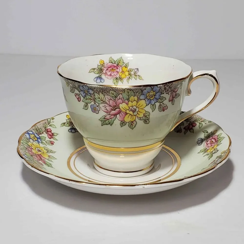 Colclough Teacup and Saucer Green Floral Vintage